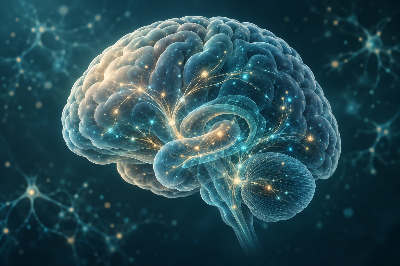 Illustration of a brain with connected neural pathways